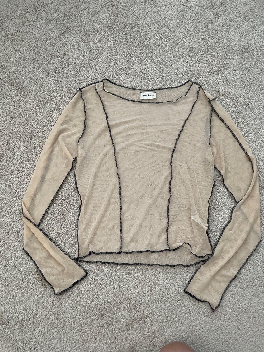 Free Kisses Nude Sheer Mesh Long-Sleeve Top with Black Trim